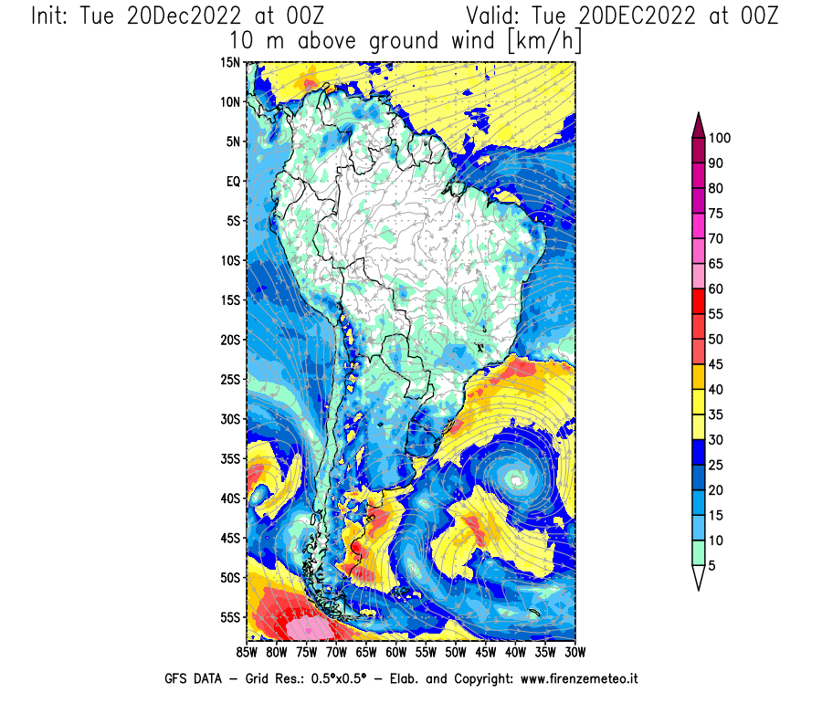 Mappa di analisi GFS - Velocità del vento a 10 metri dal suolo [km/h] in Sud-America
							del 20/12/2022 00 <!--googleoff: index-->UTC<!--googleon: index-->