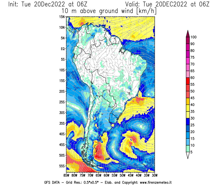 Mappa di analisi GFS - Velocità del vento a 10 metri dal suolo [km/h] in Sud-America
							del 20/12/2022 06 <!--googleoff: index-->UTC<!--googleon: index-->