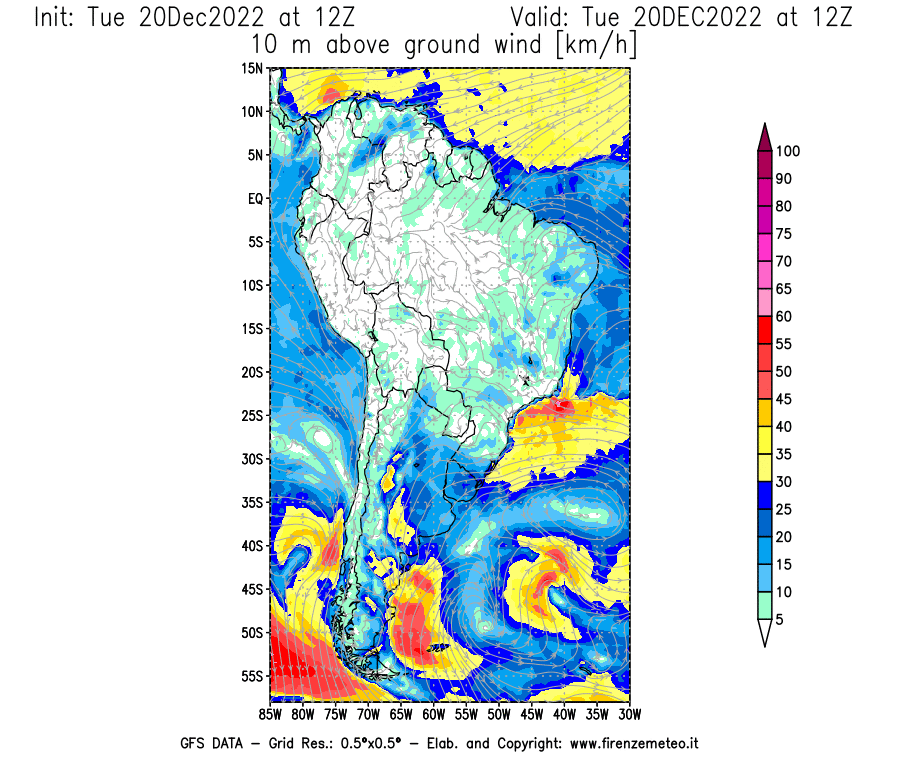 Mappa di analisi GFS - Velocità del vento a 10 metri dal suolo [km/h] in Sud-America
							del 20/12/2022 12 <!--googleoff: index-->UTC<!--googleon: index-->