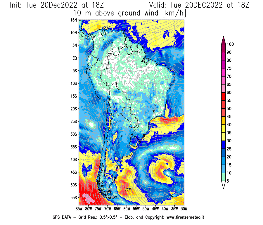 Mappa di analisi GFS - Velocità del vento a 10 metri dal suolo [km/h] in Sud-America
							del 20/12/2022 18 <!--googleoff: index-->UTC<!--googleon: index-->