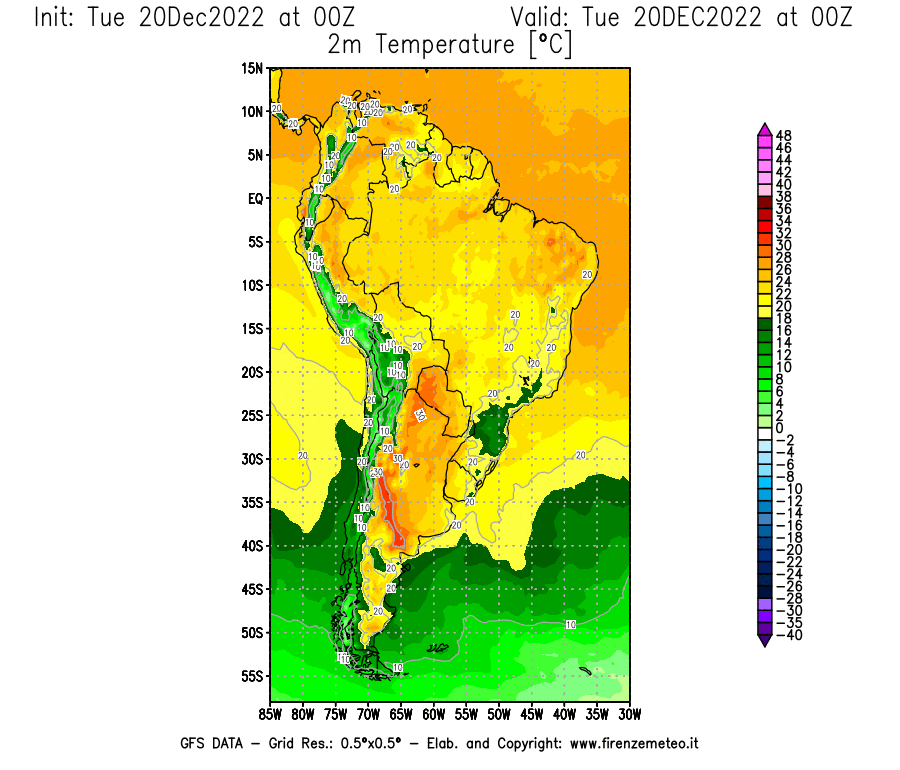 Mappa di analisi GFS - Temperatura a 2 metri dal suolo [°C] in Sud-America
							del 20/12/2022 00 <!--googleoff: index-->UTC<!--googleon: index-->