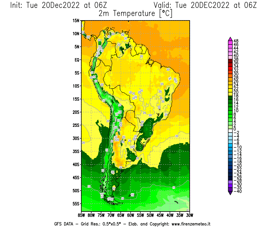 Mappa di analisi GFS - Temperatura a 2 metri dal suolo [°C] in Sud-America
							del 20/12/2022 06 <!--googleoff: index-->UTC<!--googleon: index-->