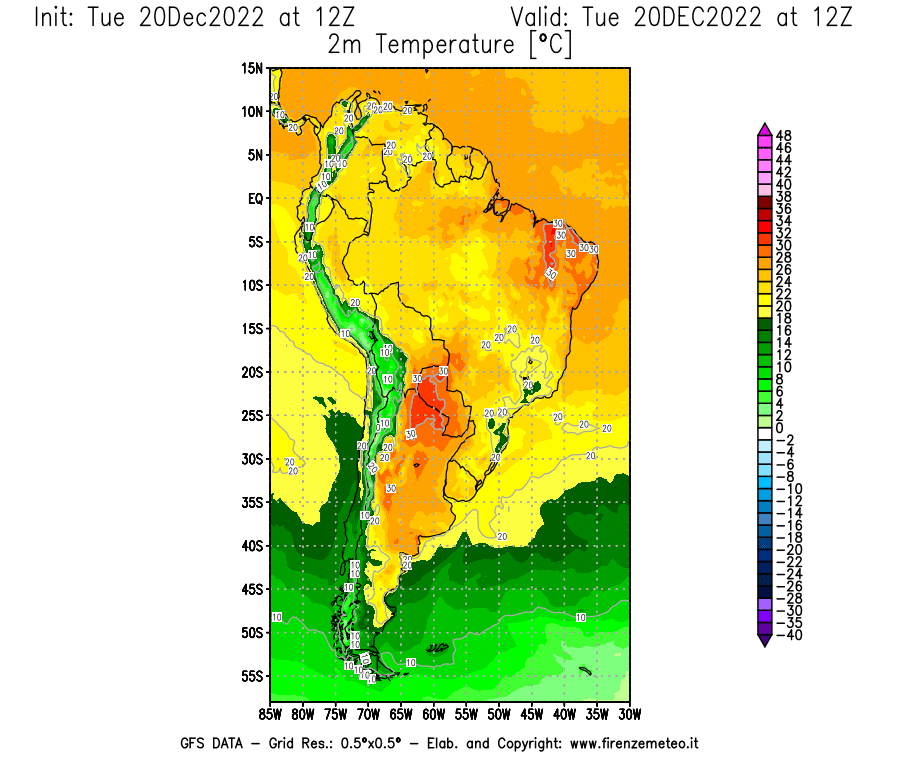 Mappa di analisi GFS - Temperatura a 2 metri dal suolo [°C] in Sud-America
							del 20/12/2022 12 <!--googleoff: index-->UTC<!--googleon: index-->