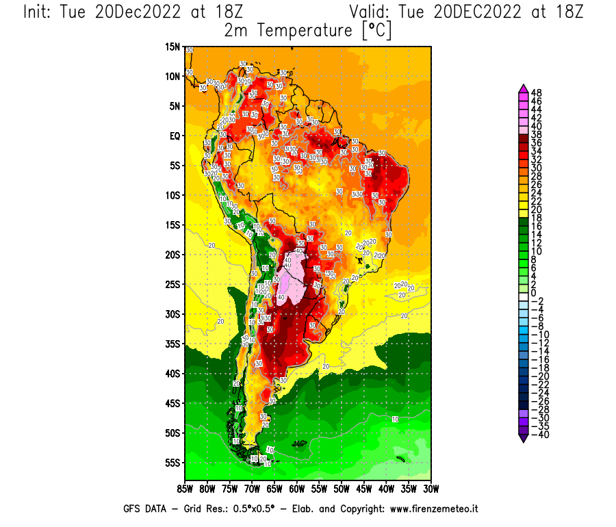 Mappa di analisi GFS - Temperatura a 2 metri dal suolo [°C] in Sud-America
							del 20/12/2022 18 <!--googleoff: index-->UTC<!--googleon: index-->