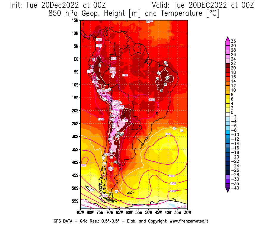Mappa di analisi GFS - Geopotenziale [m] e Temperatura [°C] a 850 hPa in Sud-America
							del 20/12/2022 00 <!--googleoff: index-->UTC<!--googleon: index-->