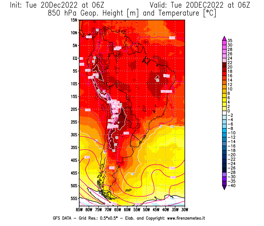 Mappa di analisi GFS - Geopotenziale [m] e Temperatura [°C] a 850 hPa in Sud-America
							del 20/12/2022 06 <!--googleoff: index-->UTC<!--googleon: index-->