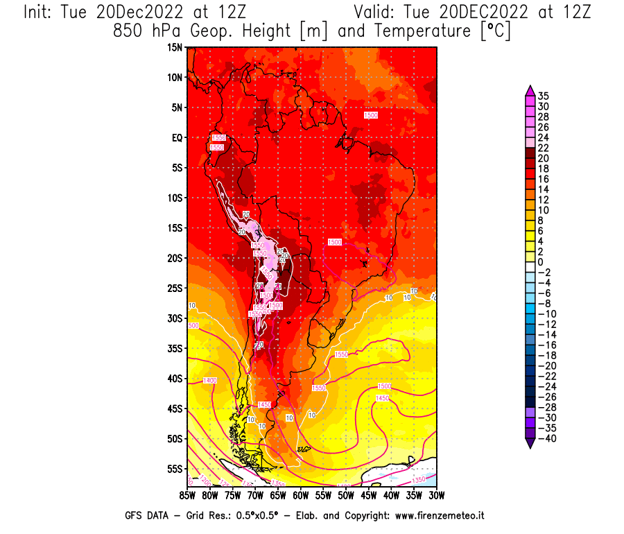 Mappa di analisi GFS - Geopotenziale [m] e Temperatura [°C] a 850 hPa in Sud-America
							del 20/12/2022 12 <!--googleoff: index-->UTC<!--googleon: index-->