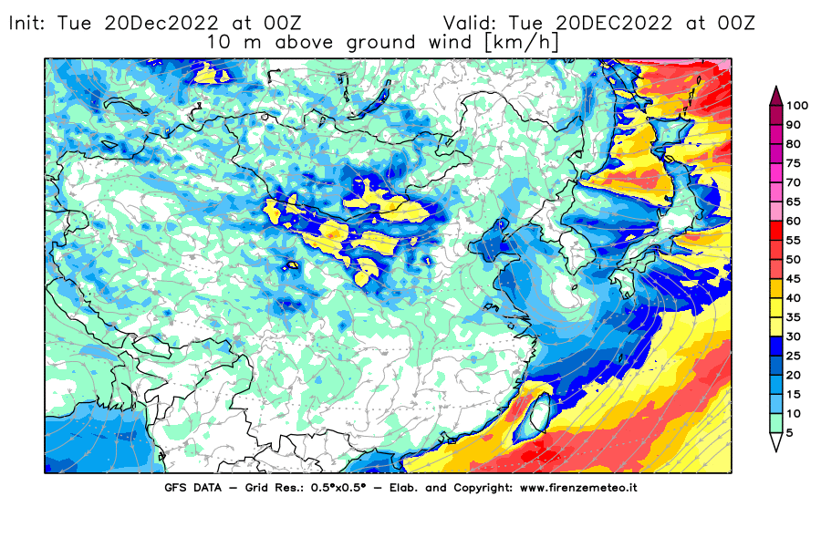 Mappa di analisi GFS - Velocità del vento a 10 metri dal suolo [km/h] in Asia Orientale
							del 20/12/2022 00 <!--googleoff: index-->UTC<!--googleon: index-->