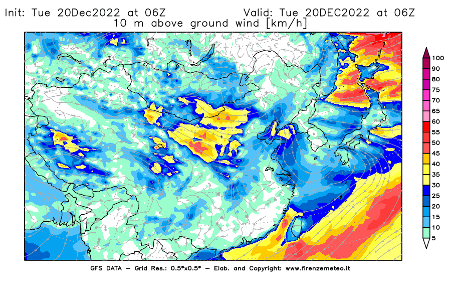 Mappa di analisi GFS - Velocità del vento a 10 metri dal suolo [km/h] in Asia Orientale
							del 20/12/2022 06 <!--googleoff: index-->UTC<!--googleon: index-->