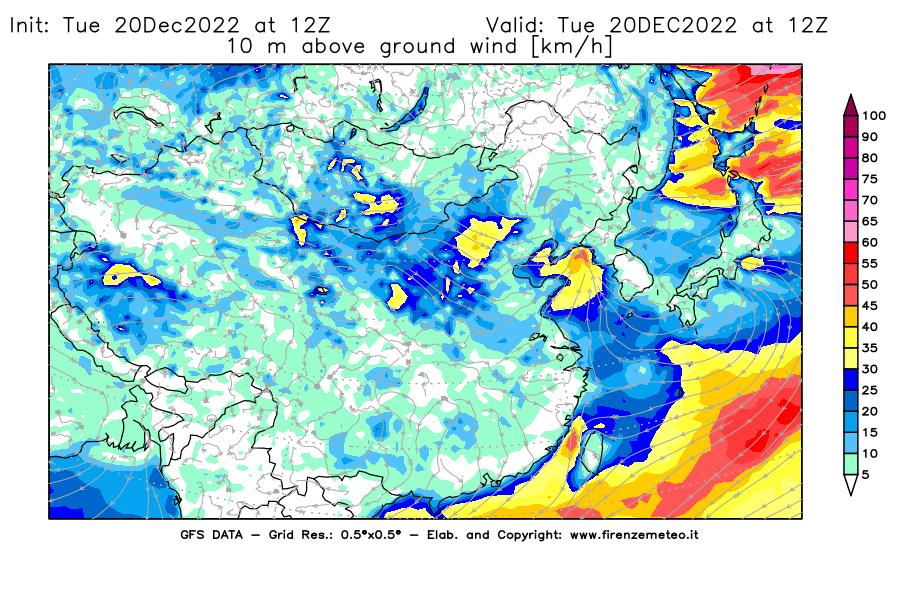Mappa di analisi GFS - Velocità del vento a 10 metri dal suolo [km/h] in Asia Orientale
							del 20/12/2022 12 <!--googleoff: index-->UTC<!--googleon: index-->
