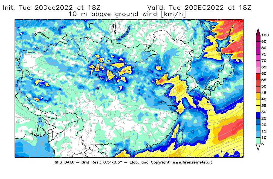Mappa di analisi GFS - Velocità del vento a 10 metri dal suolo [km/h] in Asia Orientale
							del 20/12/2022 18 <!--googleoff: index-->UTC<!--googleon: index-->