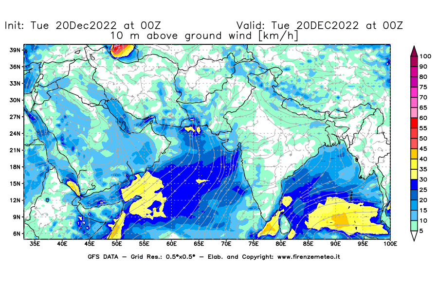 Mappa di analisi GFS - Velocità del vento a 10 metri dal suolo [km/h] in Asia Sud-Occidentale
							del 20/12/2022 00 <!--googleoff: index-->UTC<!--googleon: index-->
