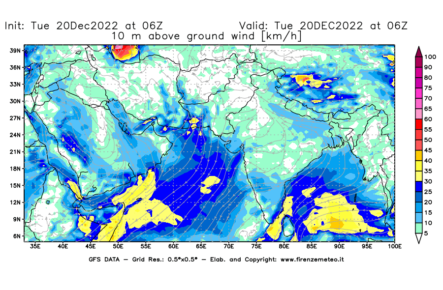 Mappa di analisi GFS - Velocità del vento a 10 metri dal suolo [km/h] in Asia Sud-Occidentale
							del 20/12/2022 06 <!--googleoff: index-->UTC<!--googleon: index-->