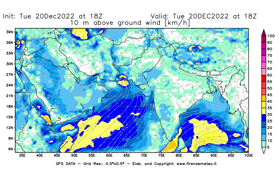 Mappa di analisi GFS - Velocità del vento a 10 metri dal suolo [km/h] in Asia Sud-Occidentale
							del 20/12/2022 18 <!--googleoff: index-->UTC<!--googleon: index-->