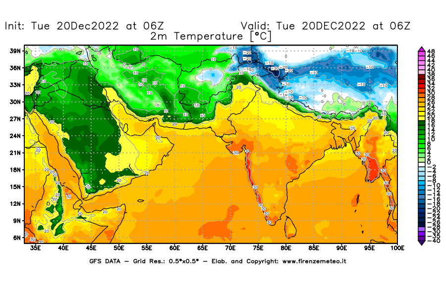 Mappa di analisi GFS - Temperatura a 2 metri dal suolo [°C] in Asia Sud-Occidentale
							del 20/12/2022 06 <!--googleoff: index-->UTC<!--googleon: index-->