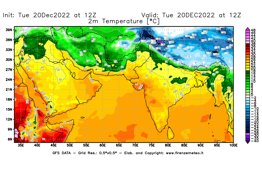 Mappa di analisi GFS - Temperatura a 2 metri dal suolo [°C] in Asia Sud-Occidentale
							del 20/12/2022 12 <!--googleoff: index-->UTC<!--googleon: index-->