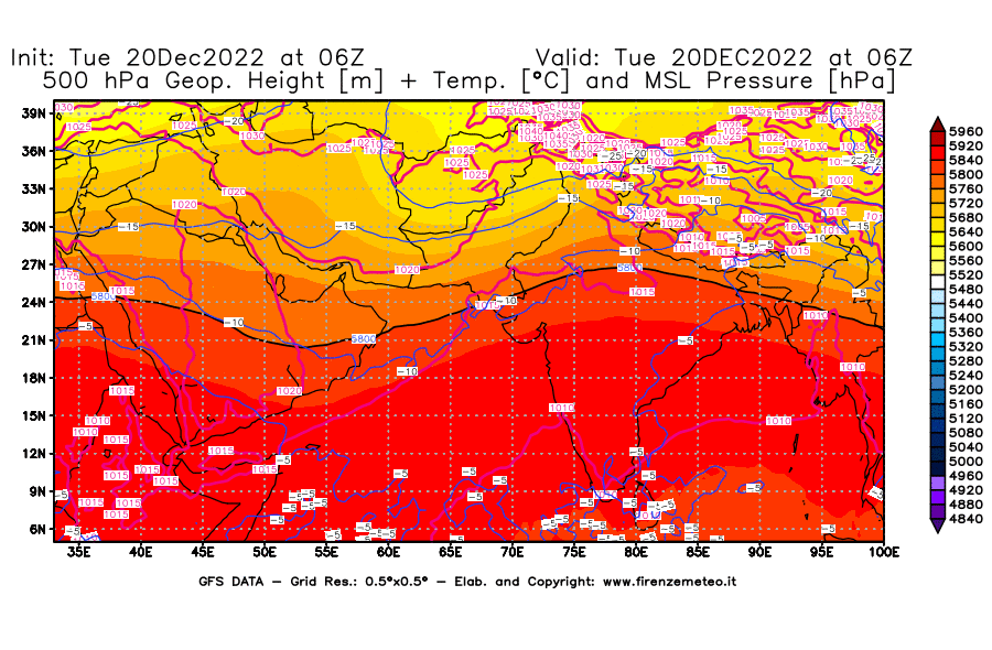 Mappa di analisi GFS - Geopotenziale [m] + Temp. [°C] a 500 hPa + Press. a livello del mare [hPa] in Asia Sud-Occidentale
							del 20/12/2022 06 <!--googleoff: index-->UTC<!--googleon: index-->
