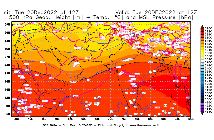 Mappa di analisi GFS - Geopotenziale [m] + Temp. [°C] a 500 hPa + Press. a livello del mare [hPa] in Asia Sud-Occidentale
							del 20/12/2022 12 <!--googleoff: index-->UTC<!--googleon: index-->