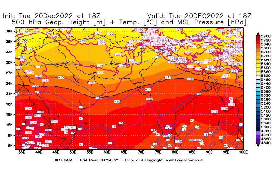 Mappa di analisi GFS - Geopotenziale [m] + Temp. [°C] a 500 hPa + Press. a livello del mare [hPa] in Asia Sud-Occidentale
							del 20/12/2022 18 <!--googleoff: index-->UTC<!--googleon: index-->