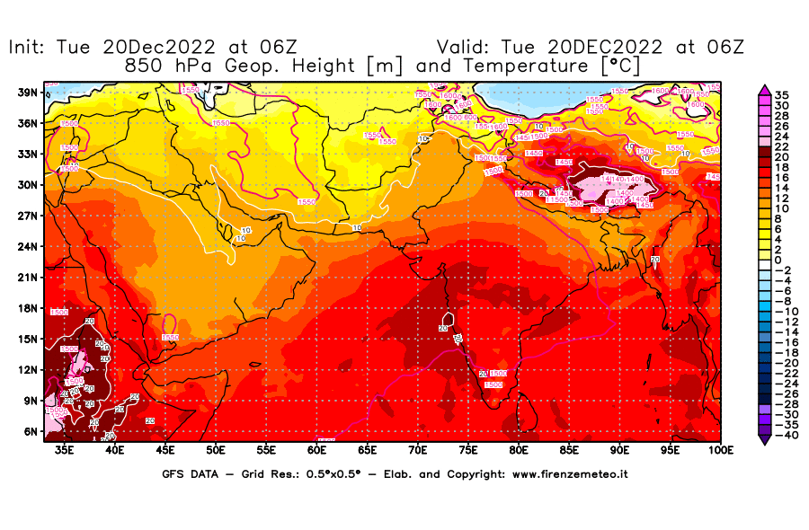 Mappa di analisi GFS - Geopotenziale [m] e Temperatura [°C] a 850 hPa in Asia Sud-Occidentale
							del 20/12/2022 06 <!--googleoff: index-->UTC<!--googleon: index-->