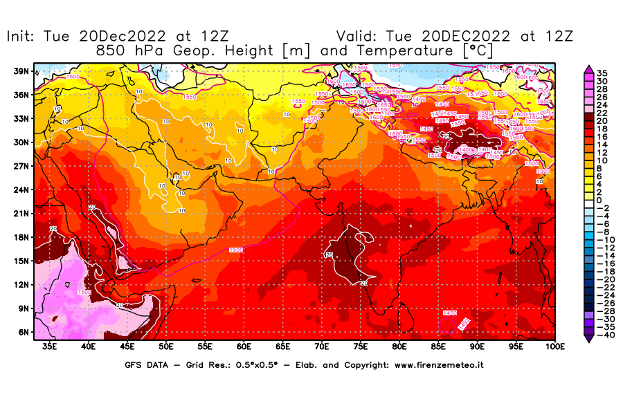 Mappa di analisi GFS - Geopotenziale [m] e Temperatura [°C] a 850 hPa in Asia Sud-Occidentale
							del 20/12/2022 12 <!--googleoff: index-->UTC<!--googleon: index-->