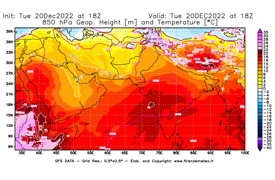 Mappa di analisi GFS - Geopotenziale [m] e Temperatura [°C] a 850 hPa in Asia Sud-Occidentale
							del 20/12/2022 18 <!--googleoff: index-->UTC<!--googleon: index-->