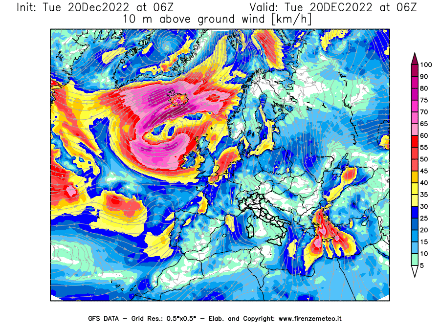 Mappa di analisi GFS - Velocità del vento a 10 metri dal suolo [km/h] in Europa
							del 20/12/2022 06 <!--googleoff: index-->UTC<!--googleon: index-->