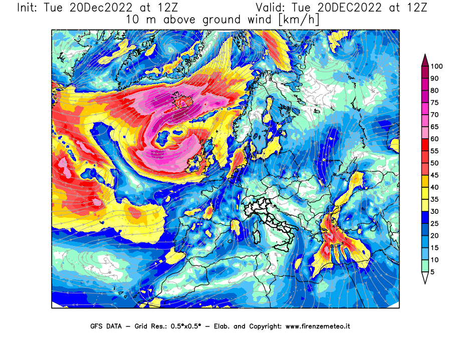 Mappa di analisi GFS - Velocità del vento a 10 metri dal suolo [km/h] in Europa
							del 20/12/2022 12 <!--googleoff: index-->UTC<!--googleon: index-->