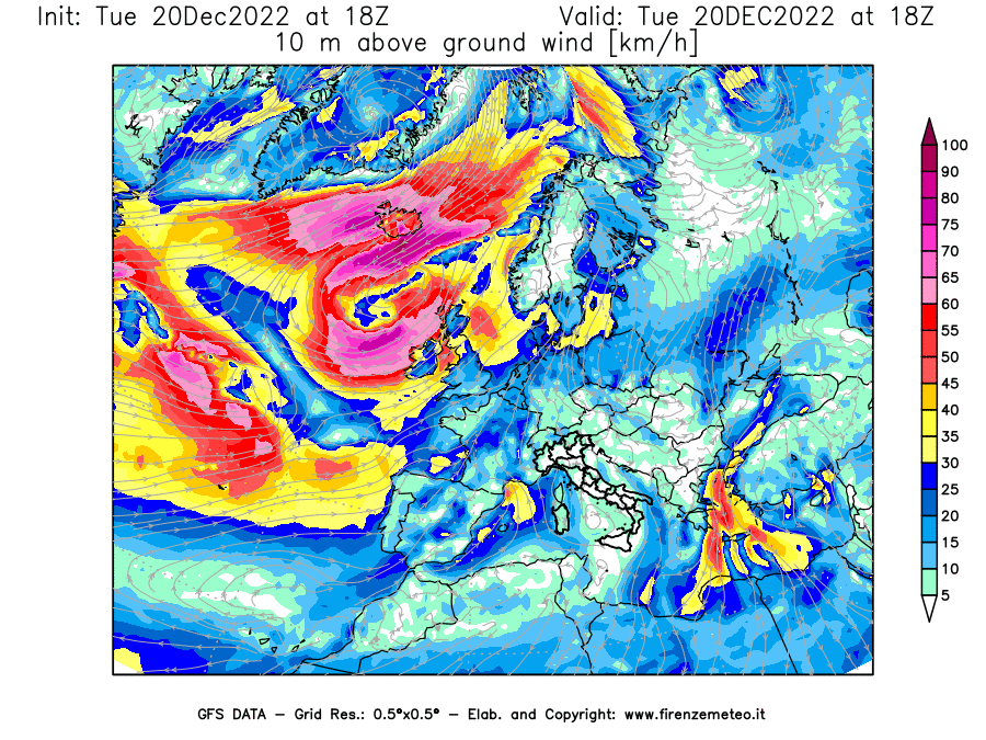 Mappa di analisi GFS - Velocità del vento a 10 metri dal suolo [km/h] in Europa
							del 20/12/2022 18 <!--googleoff: index-->UTC<!--googleon: index-->