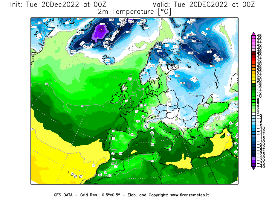 Mappa di analisi GFS - Temperatura a 2 metri dal suolo [°C] in Europa
							del 20/12/2022 00 <!--googleoff: index-->UTC<!--googleon: index-->