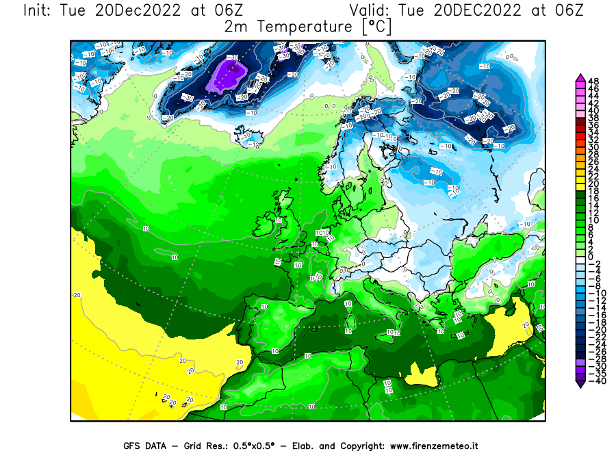 Mappa di analisi GFS - Temperatura a 2 metri dal suolo [°C] in Europa
							del 20/12/2022 06 <!--googleoff: index-->UTC<!--googleon: index-->