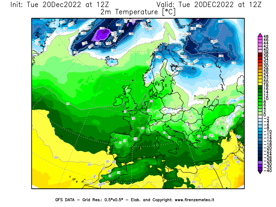 Mappa di analisi GFS - Temperatura a 2 metri dal suolo [°C] in Europa
							del 20/12/2022 12 <!--googleoff: index-->UTC<!--googleon: index-->