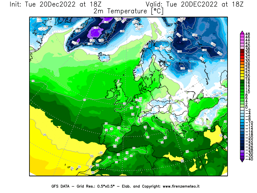 Mappa di analisi GFS - Temperatura a 2 metri dal suolo [°C] in Europa
							del 20/12/2022 18 <!--googleoff: index-->UTC<!--googleon: index-->