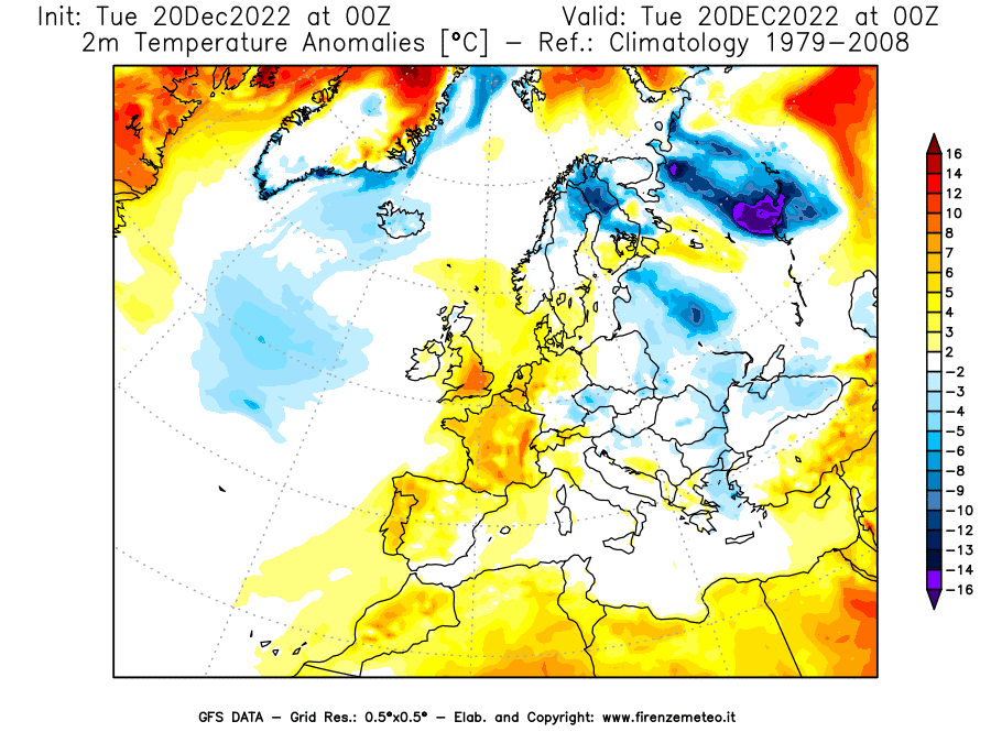 Mappa di analisi GFS - Anomalia Temperatura [°C] a 2 m in Europa
							del 20/12/2022 00 <!--googleoff: index-->UTC<!--googleon: index-->