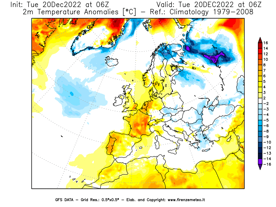 Mappa di analisi GFS - Anomalia Temperatura [°C] a 2 m in Europa
							del 20/12/2022 06 <!--googleoff: index-->UTC<!--googleon: index-->