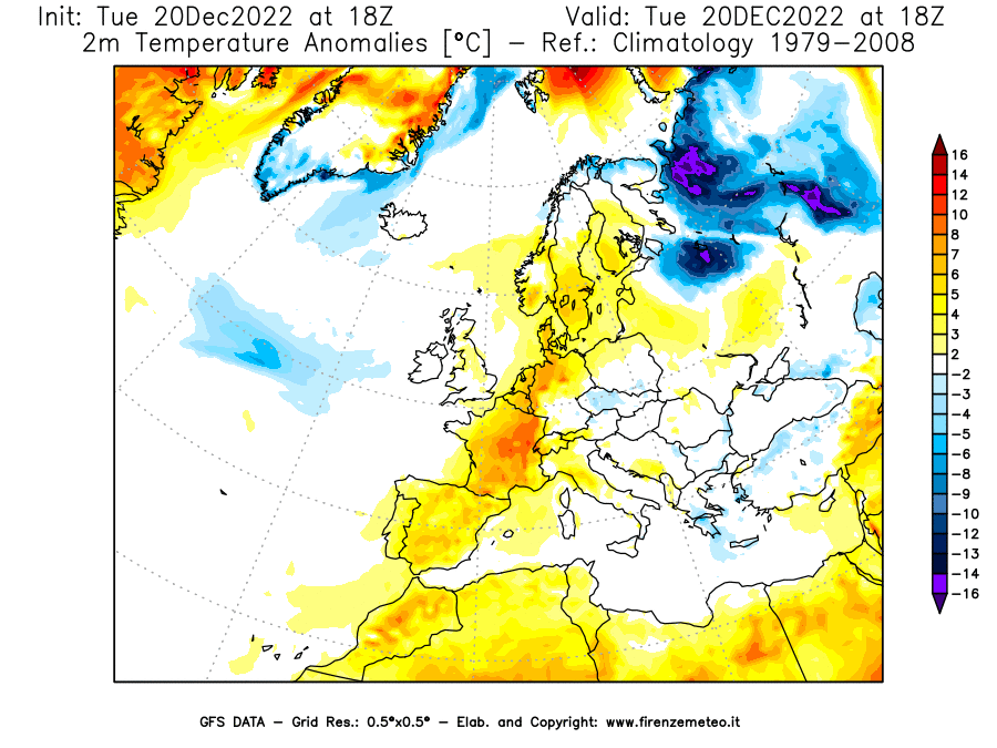 Mappa di analisi GFS - Anomalia Temperatura [°C] a 2 m in Europa
							del 20/12/2022 18 <!--googleoff: index-->UTC<!--googleon: index-->