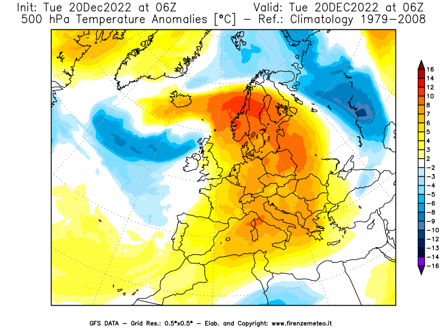 Mappa di analisi GFS - Anomalia Temperatura [°C] a 500 hPa in Europa
							del 20/12/2022 06 <!--googleoff: index-->UTC<!--googleon: index-->