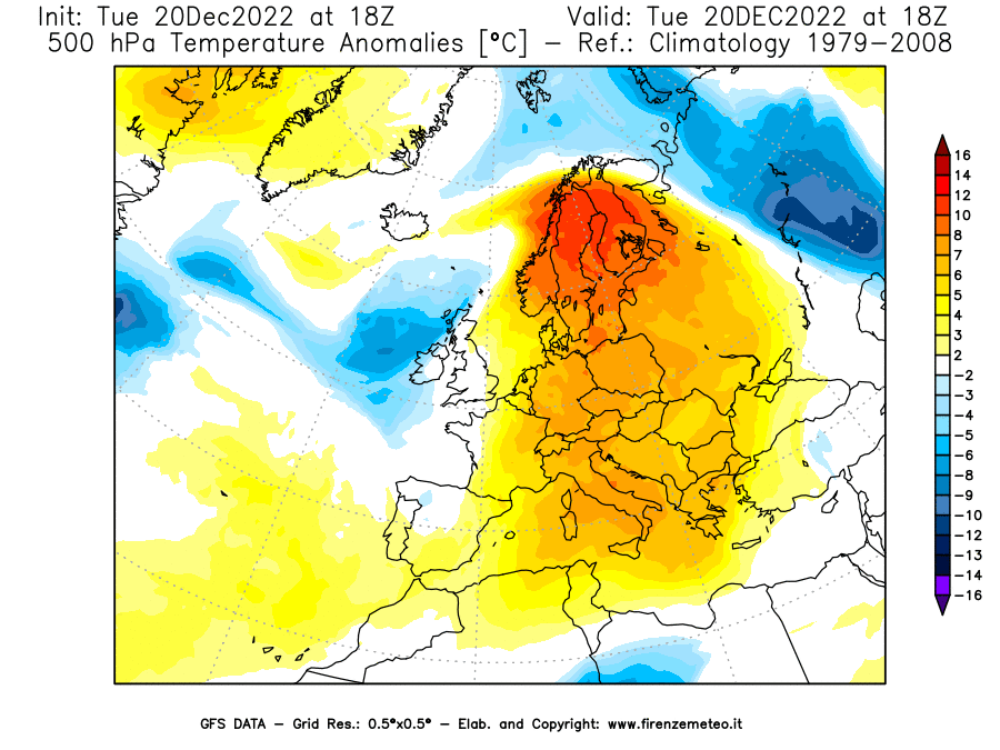 Mappa di analisi GFS - Anomalia Temperatura [°C] a 500 hPa in Europa
							del 20/12/2022 18 <!--googleoff: index-->UTC<!--googleon: index-->