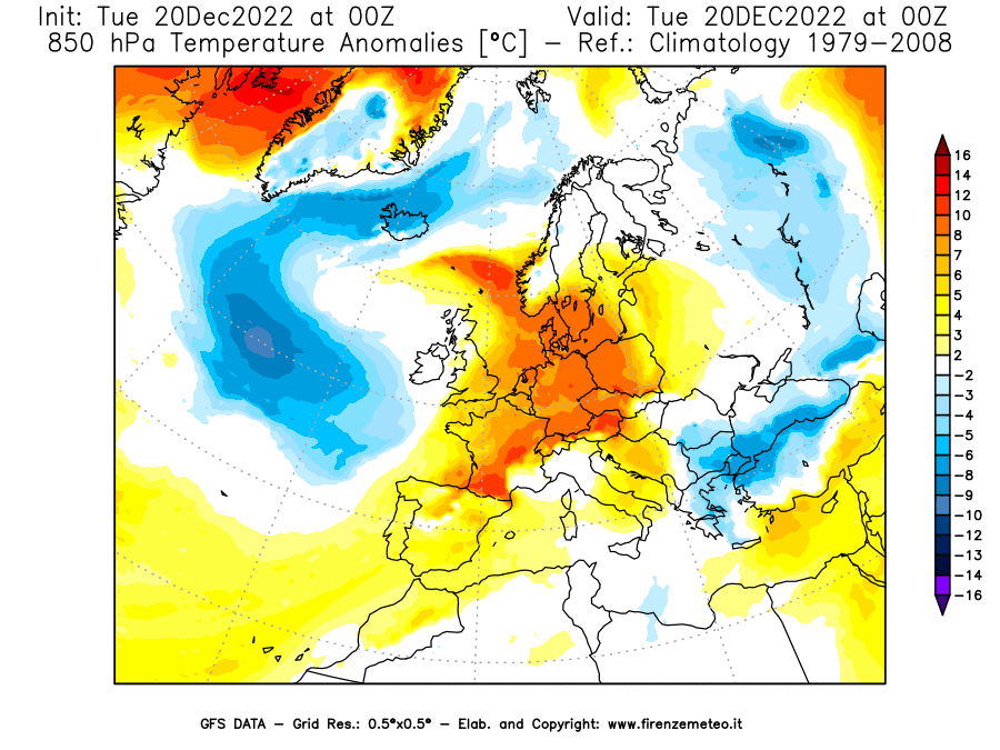 Mappa di analisi GFS - Anomalia Temperatura [°C] a 850 hPa in Europa
							del 20/12/2022 00 <!--googleoff: index-->UTC<!--googleon: index-->