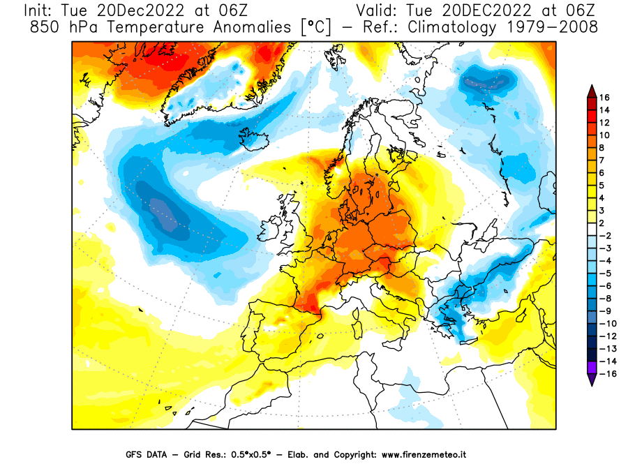 Mappa di analisi GFS - Anomalia Temperatura [°C] a 850 hPa in Europa
							del 20/12/2022 06 <!--googleoff: index-->UTC<!--googleon: index-->