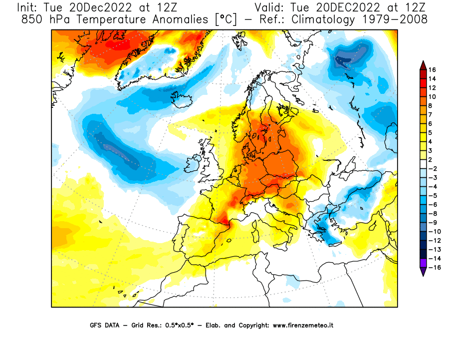 Mappa di analisi GFS - Anomalia Temperatura [°C] a 850 hPa in Europa
							del 20/12/2022 12 <!--googleoff: index-->UTC<!--googleon: index-->