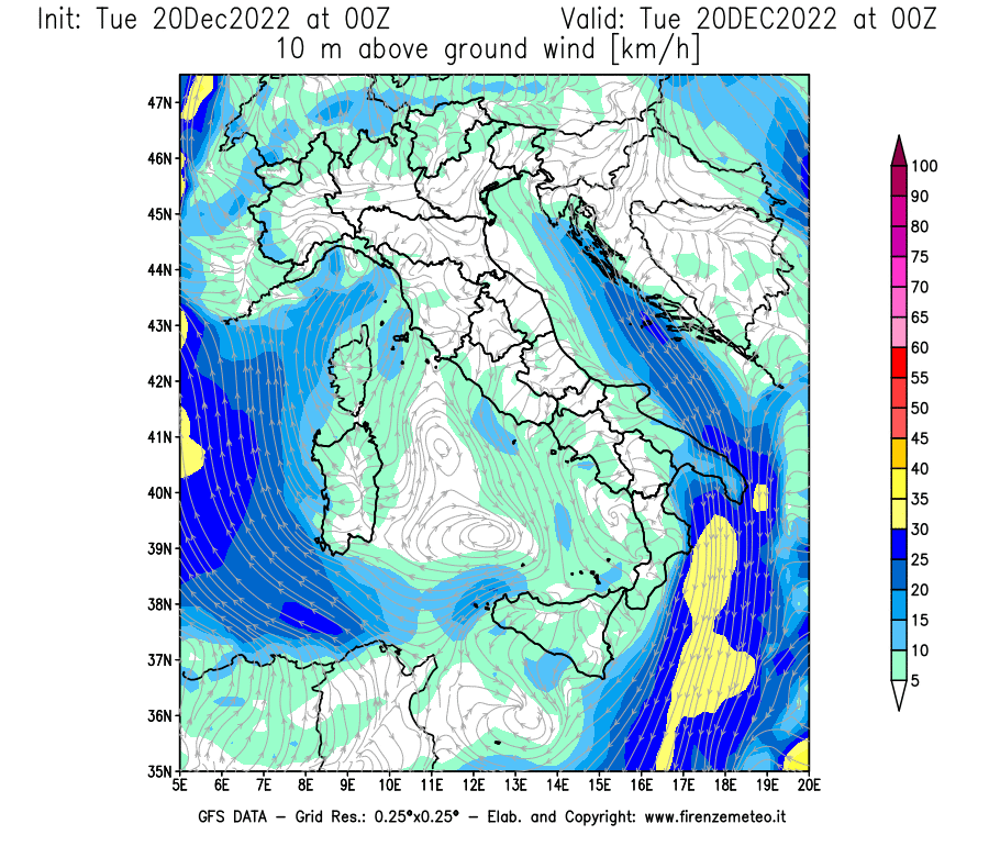 Mappa di analisi GFS - Velocità del vento a 10 metri dal suolo [km/h] in Italia
							del 20/12/2022 00 <!--googleoff: index-->UTC<!--googleon: index-->