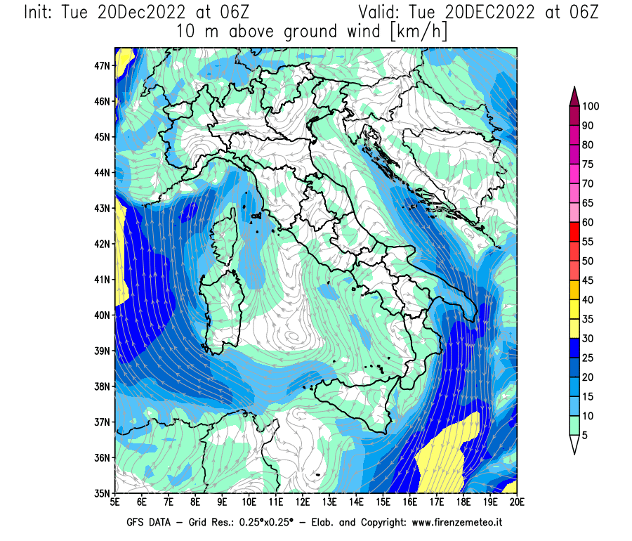 Mappa di analisi GFS - Velocità del vento a 10 metri dal suolo [km/h] in Italia
							del 20/12/2022 06 <!--googleoff: index-->UTC<!--googleon: index-->