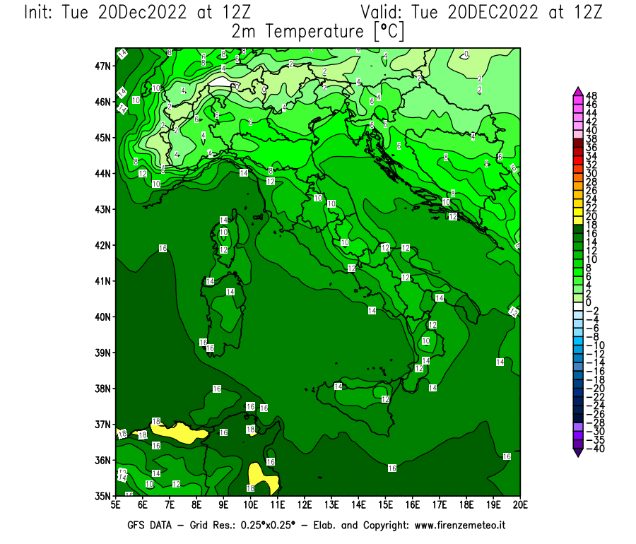 Mappa di analisi GFS - Temperatura a 2 metri dal suolo [°C] in Italia
							del 20/12/2022 12 <!--googleoff: index-->UTC<!--googleon: index-->