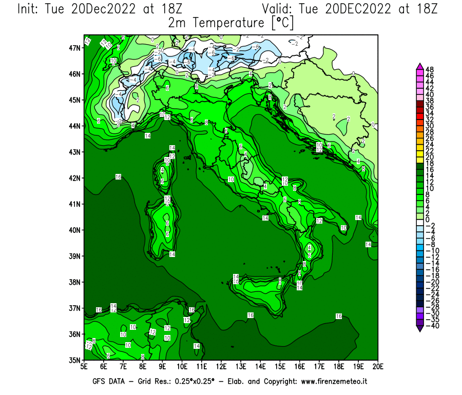 Mappa di analisi GFS - Temperatura a 2 metri dal suolo [°C] in Italia
							del 20/12/2022 18 <!--googleoff: index-->UTC<!--googleon: index-->