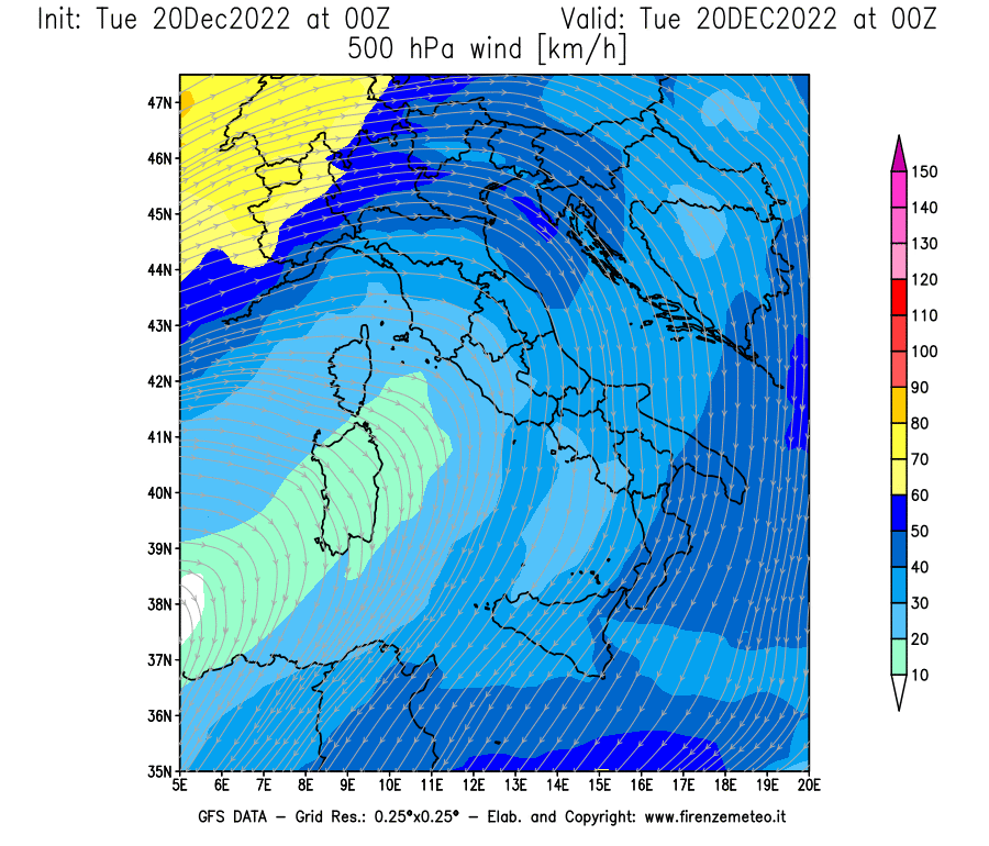 Mappa di analisi GFS - Velocità del vento a 500 hPa [km/h] in Italia
							del 20/12/2022 00 <!--googleoff: index-->UTC<!--googleon: index-->