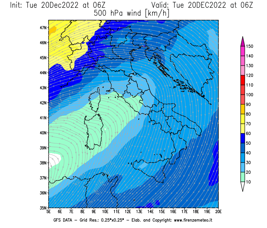 Mappa di analisi GFS - Velocità del vento a 500 hPa [km/h] in Italia
							del 20/12/2022 06 <!--googleoff: index-->UTC<!--googleon: index-->
