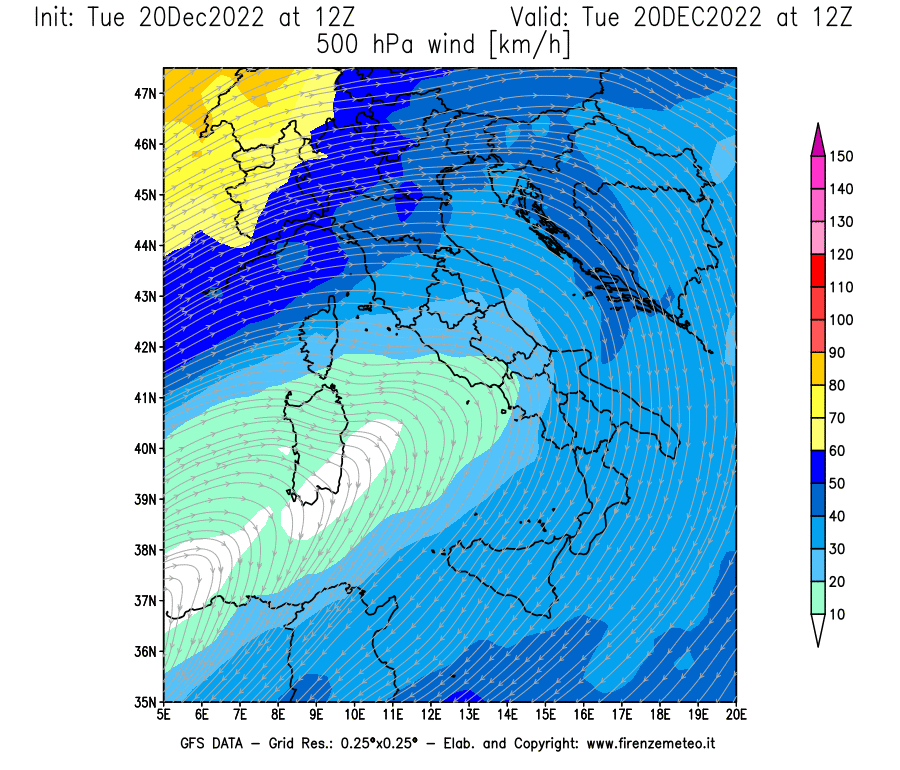 Mappa di analisi GFS - Velocità del vento a 500 hPa [km/h] in Italia
							del 20/12/2022 12 <!--googleoff: index-->UTC<!--googleon: index-->