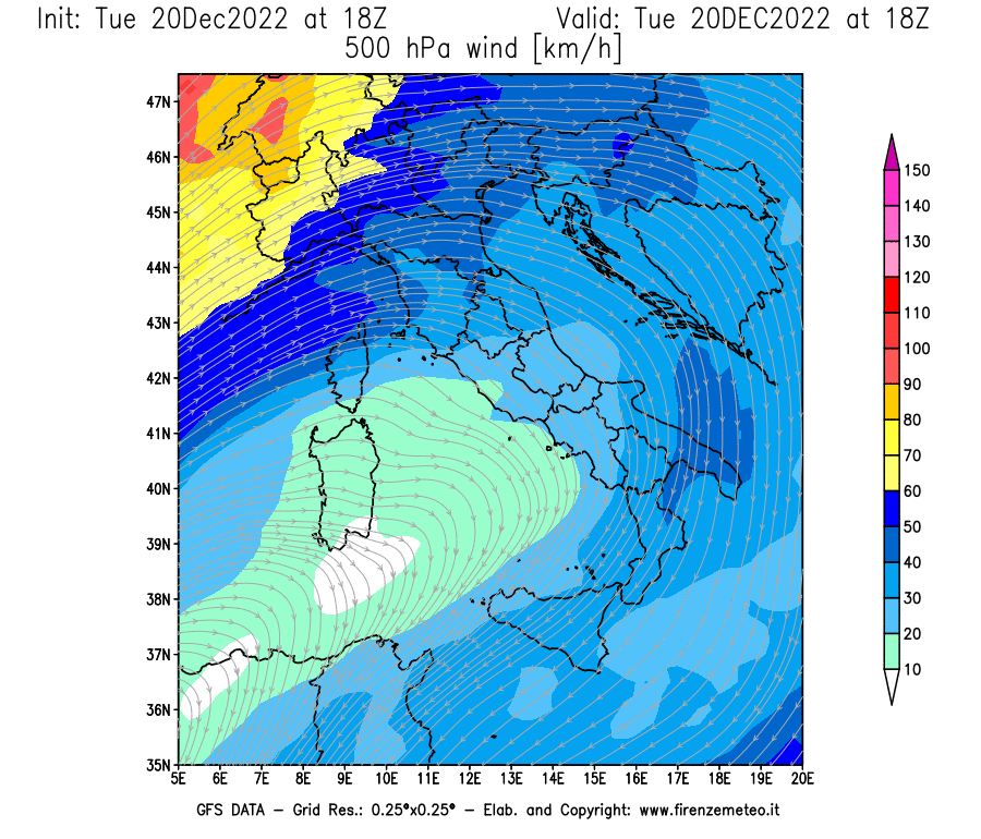 Mappa di analisi GFS - Velocità del vento a 500 hPa [km/h] in Italia
							del 20/12/2022 18 <!--googleoff: index-->UTC<!--googleon: index-->