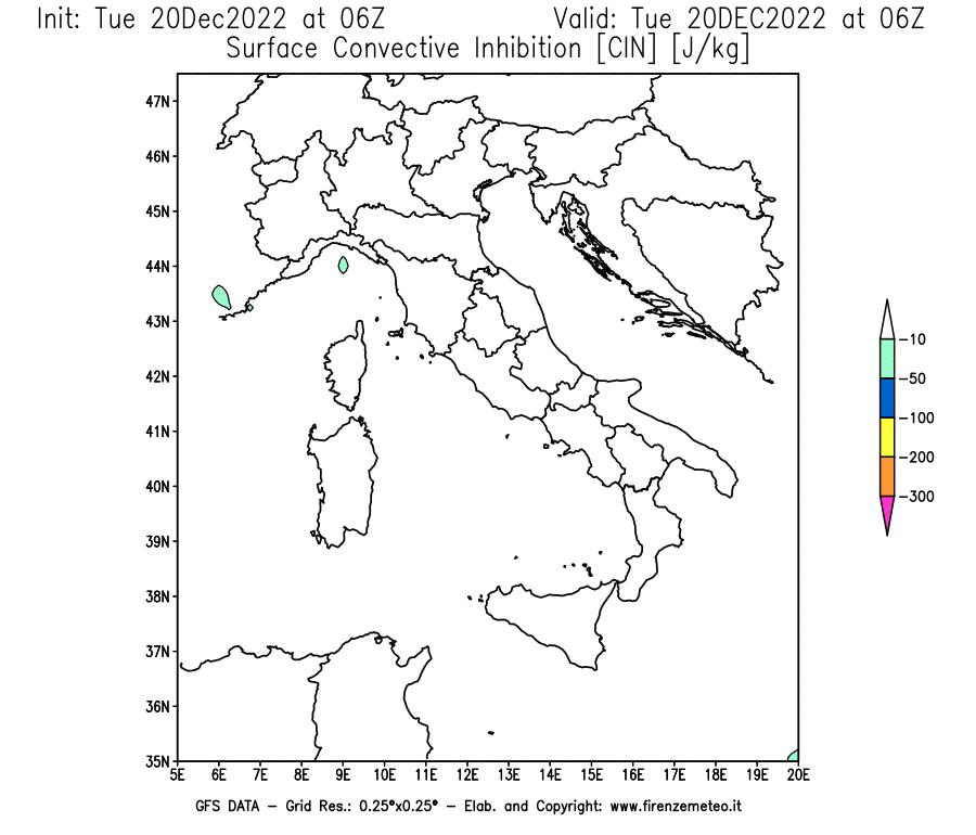 Mappa di analisi GFS - CIN [J/kg] in Italia
							del 20/12/2022 06 <!--googleoff: index-->UTC<!--googleon: index-->